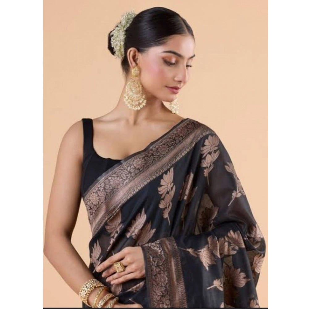 Women's Silk Printed Saree With Unstitched Blouse 5.5 Mtr (Black)