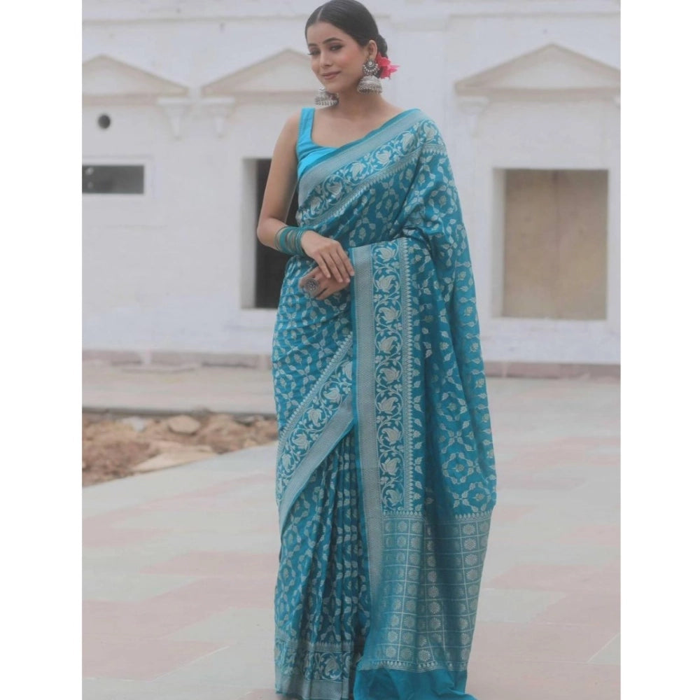 Women's Silk Printed Saree With Unstitched Blouse 5.5 Mtr (Sky Blue)