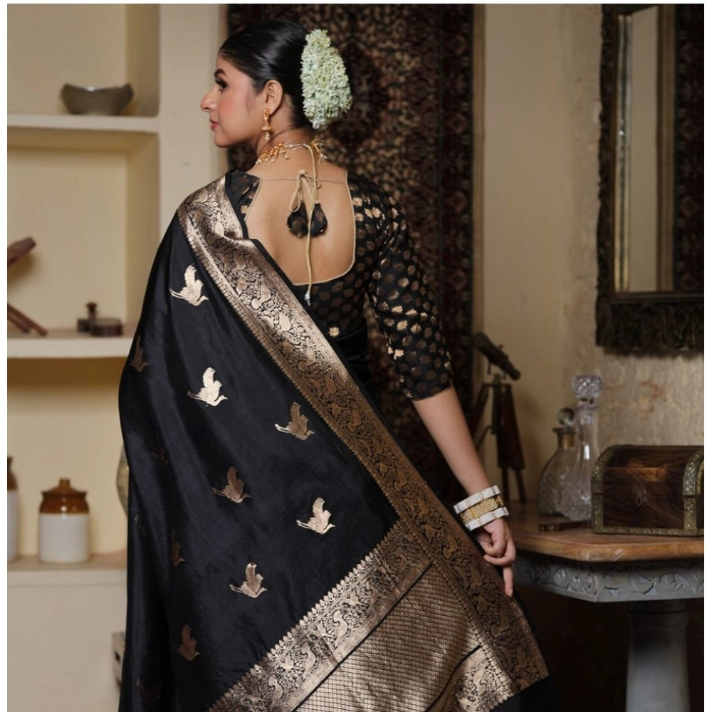 Women's Silk Printed Saree With Unstitched Blouse 5.5 Mtr (Black)