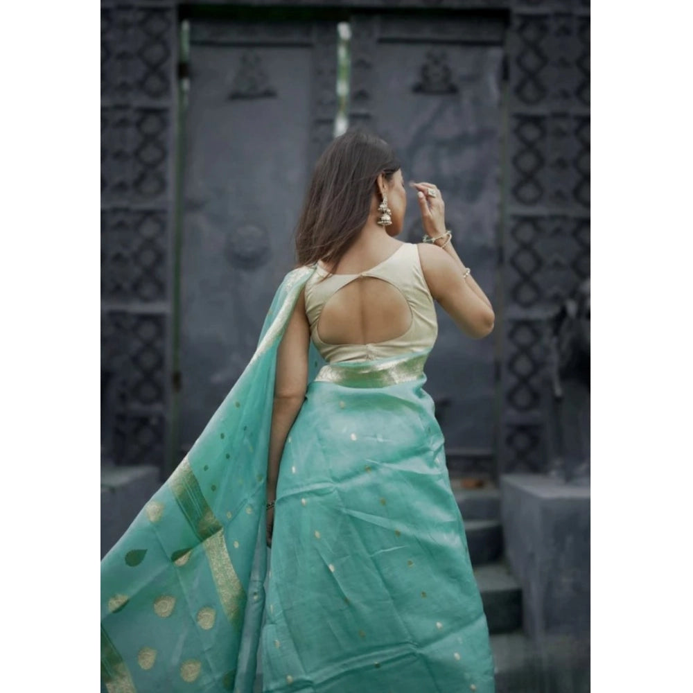 Women's Cotton Printed Saree With Unstitched Blouse 5.5 Mtr (Sky)