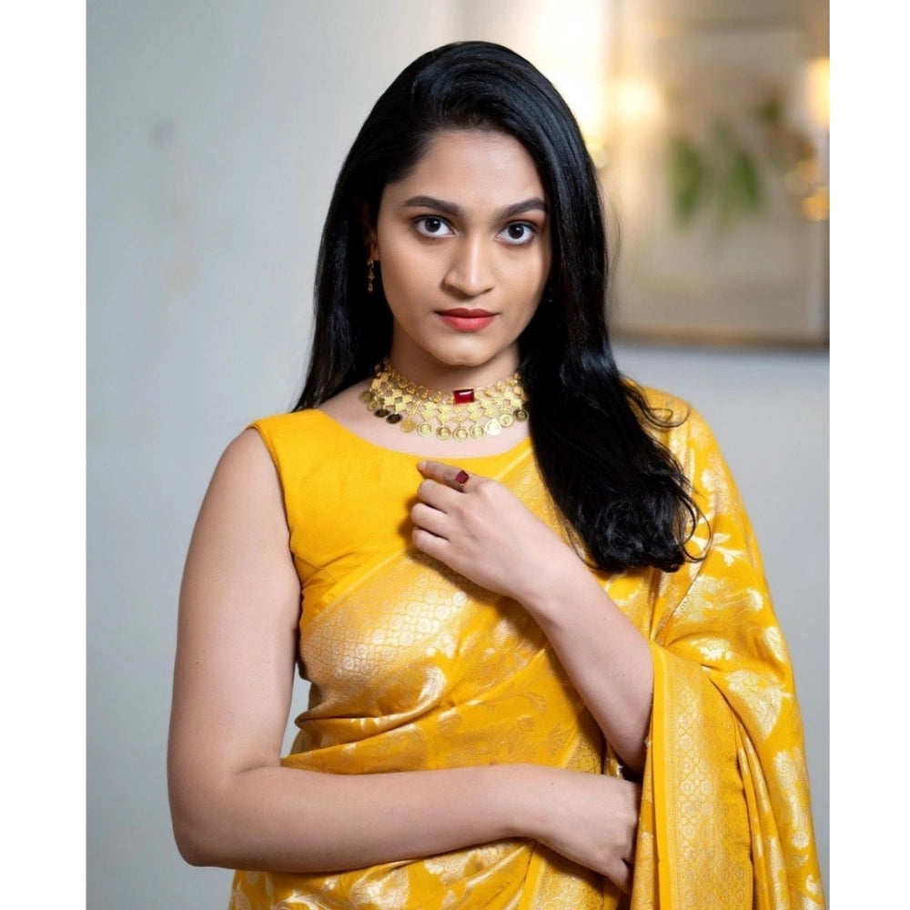 Women's Silk Printed Saree With Unstitched Blouse 5.5 Mtr (Yellow)