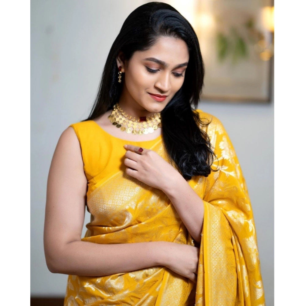 Women's Silk Printed Saree With Unstitched Blouse 5.5 Mtr (Yellow)