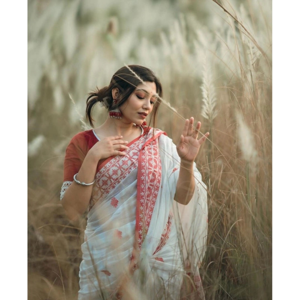 Women's Cotton Printed Saree With Unstitched Blouse 5.5 Mtr (White-Red)
