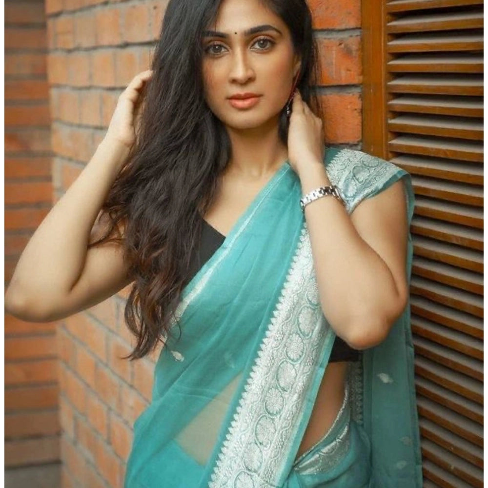 Women's Cotton Printed Saree With Unstitched Blouse 5.5 Mtr (Sky Blue)