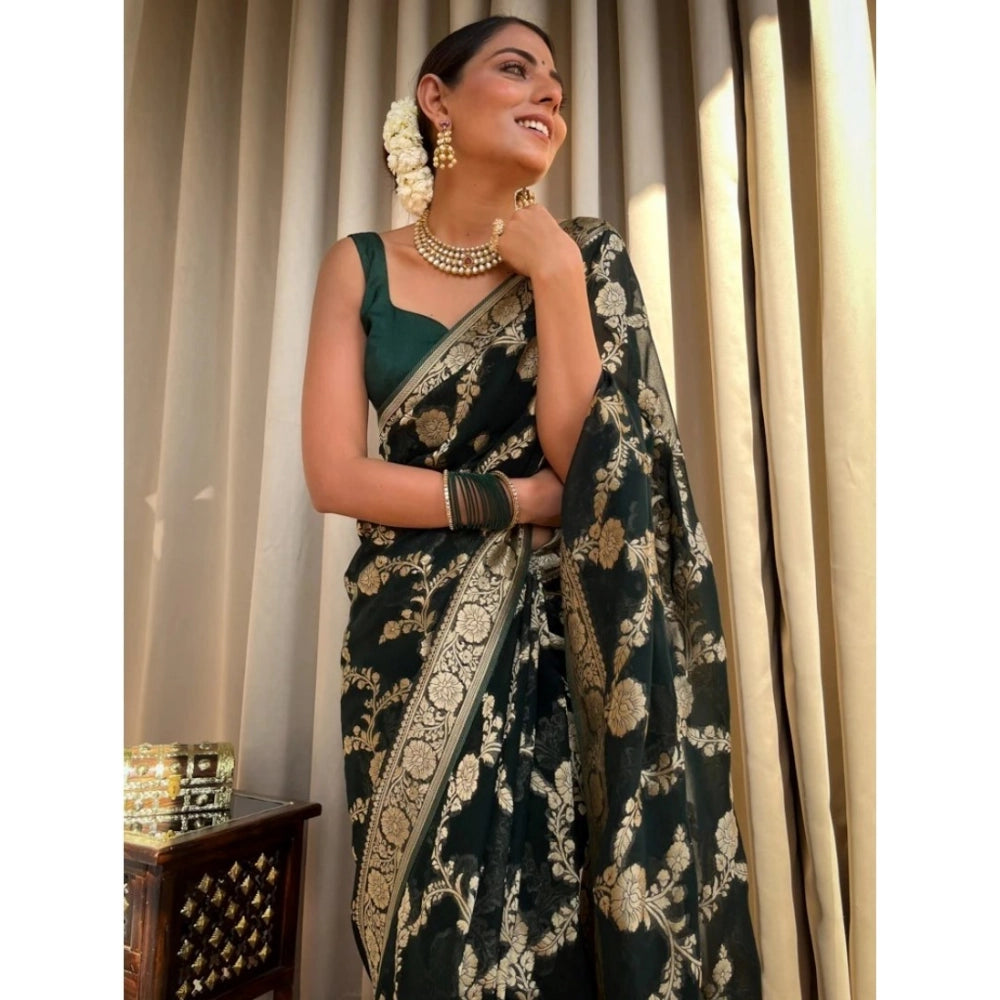 Women's Silk Printed Saree With Unstitched Blouse 5.5 Mtr (Dark Green)