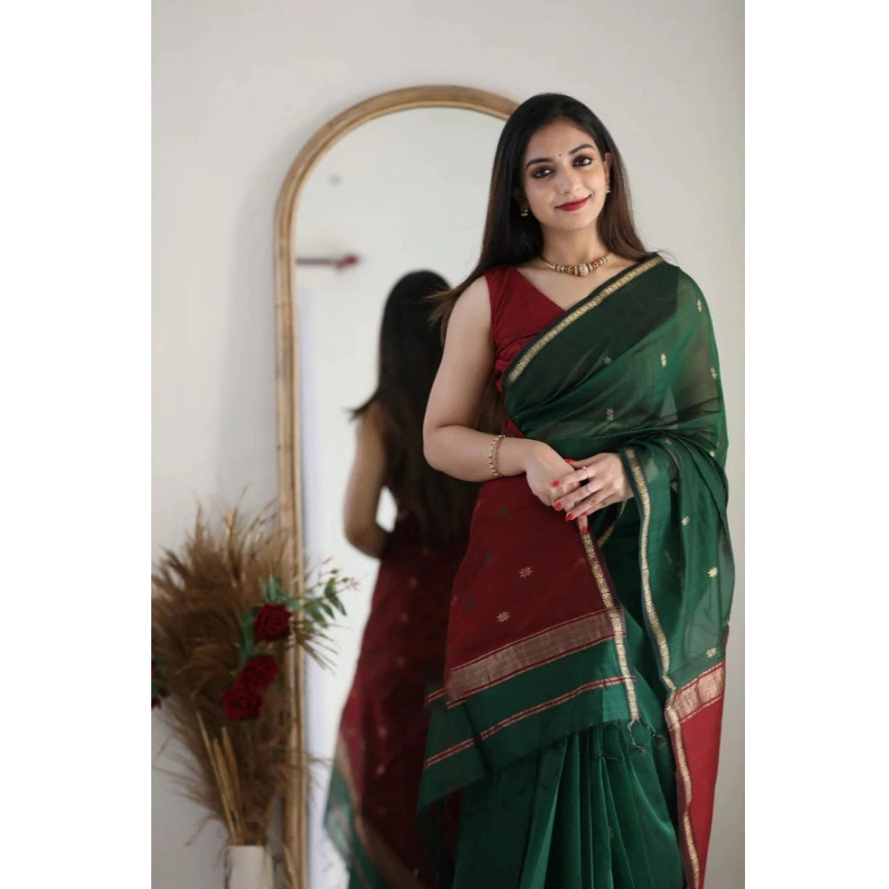 Women's Cotton Printed Saree With Unstitched Blouse 5.5 Mtr (Dark Green)