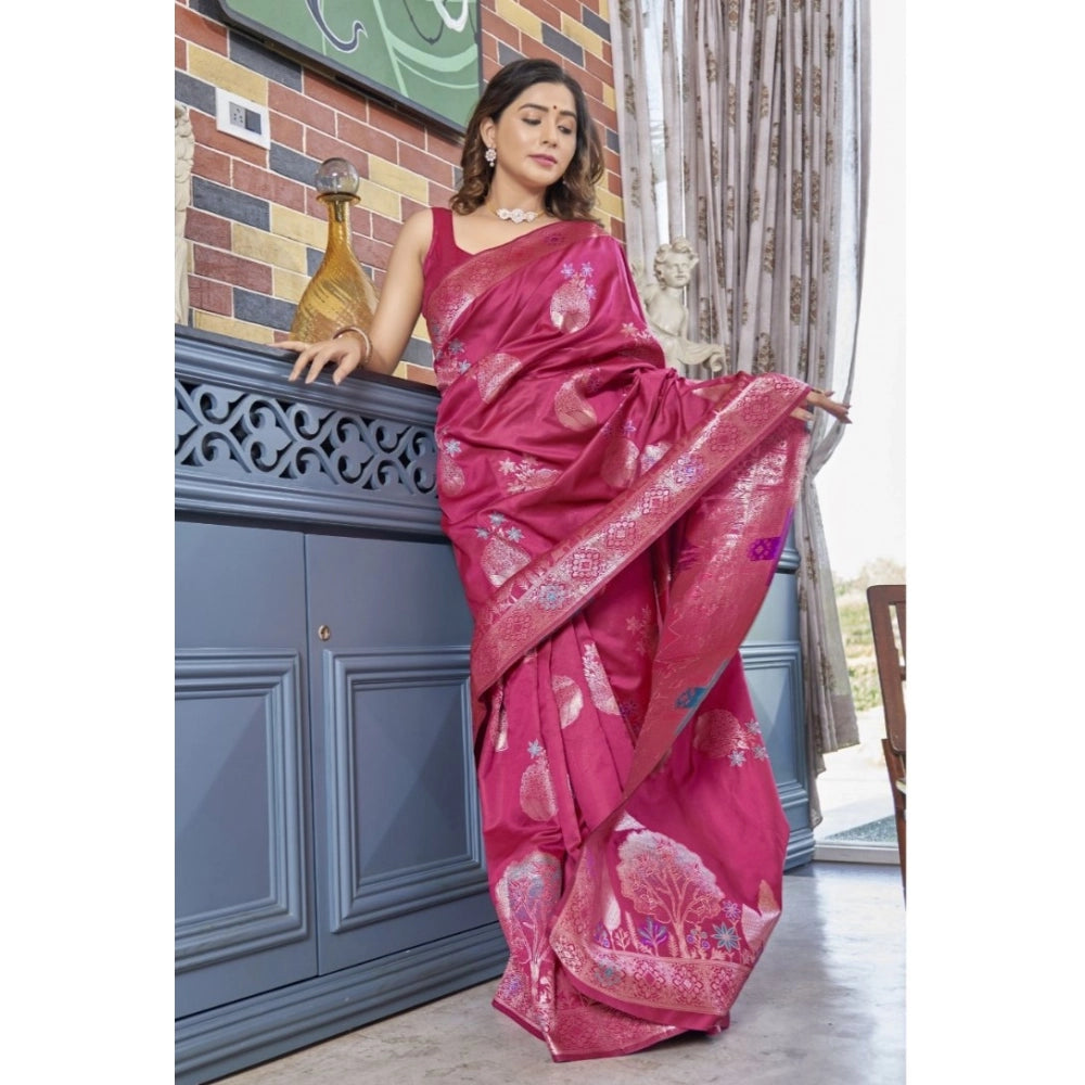 Women's Silk Printed Saree With Unstitched Blouse 5.5 Mtr (Rani Pink)