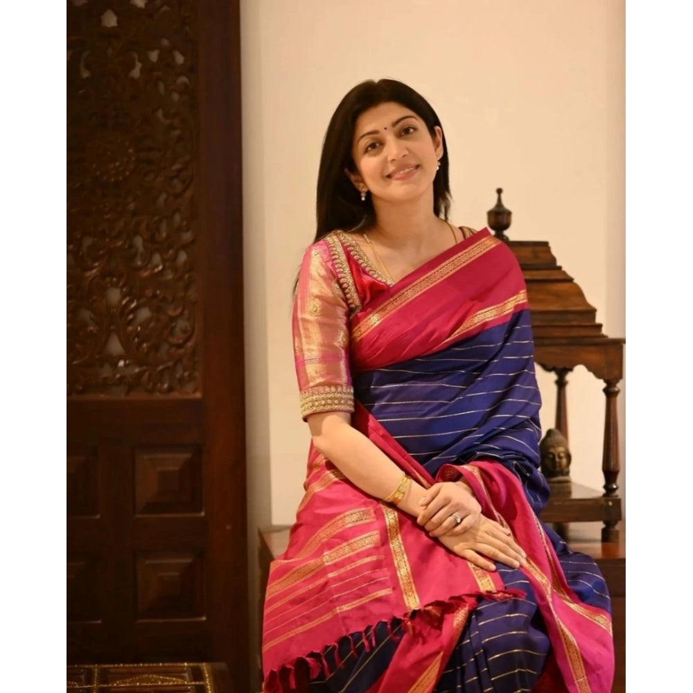 Women's Silk Printed Saree With Unstitched Blouse 5.5 Mtr (Navy Blue)