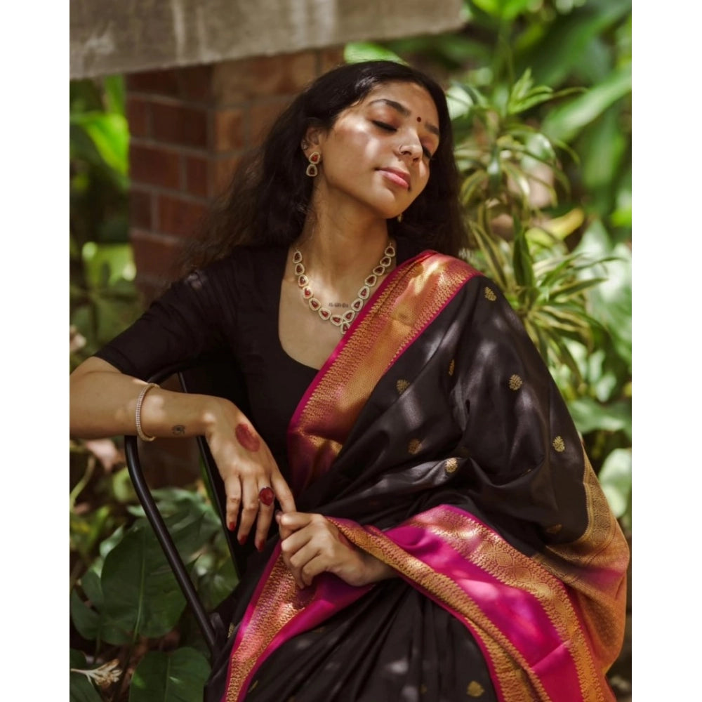 Women's Silk Printed Saree With Unstitched Blouse 5.5 Mtr (Black-Pink)
