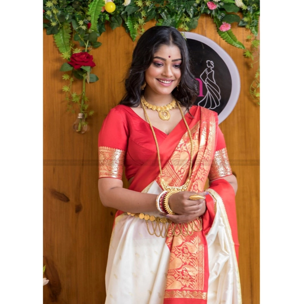 Women's Silk Printed Saree With Unstitched Blouse 5.5 Mtr (White-Red)