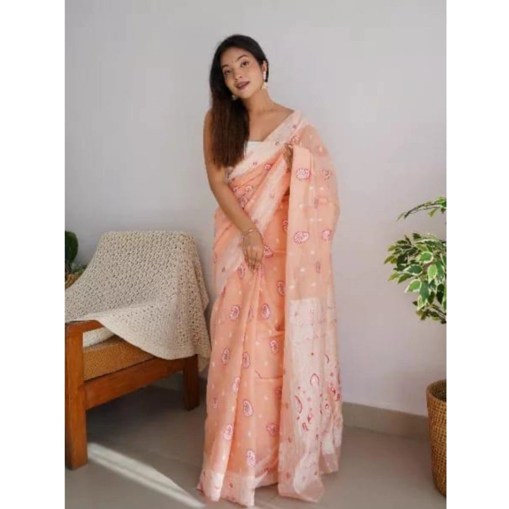 Women's Cotton Printed Saree With Unstitched Blouse 5.5 Mtr (Peach)