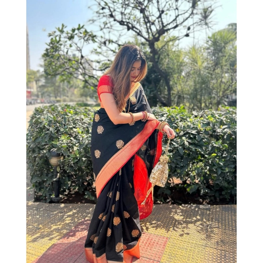 Women's Silk Printed Saree With Unstitched Blouse 5.5 Mtr (Black-Red)