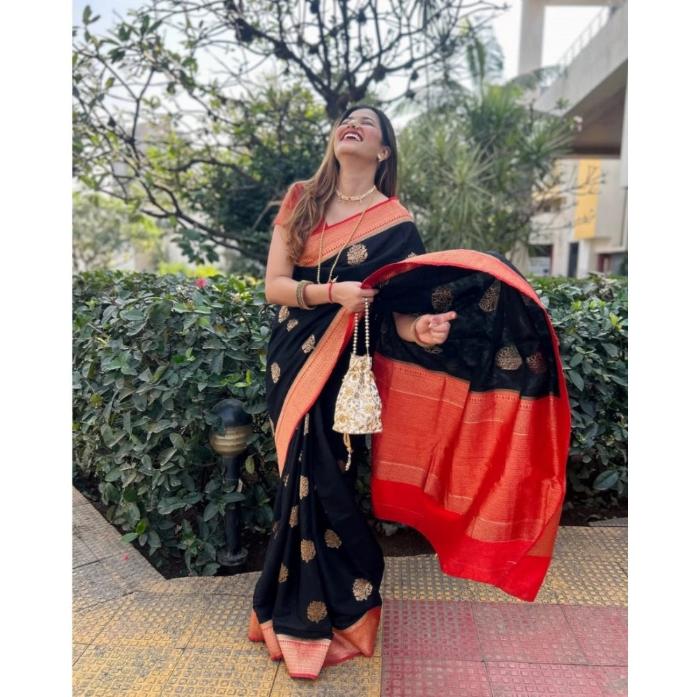 Women's Silk Printed Saree With Unstitched Blouse 5.5 Mtr (Black-Red)