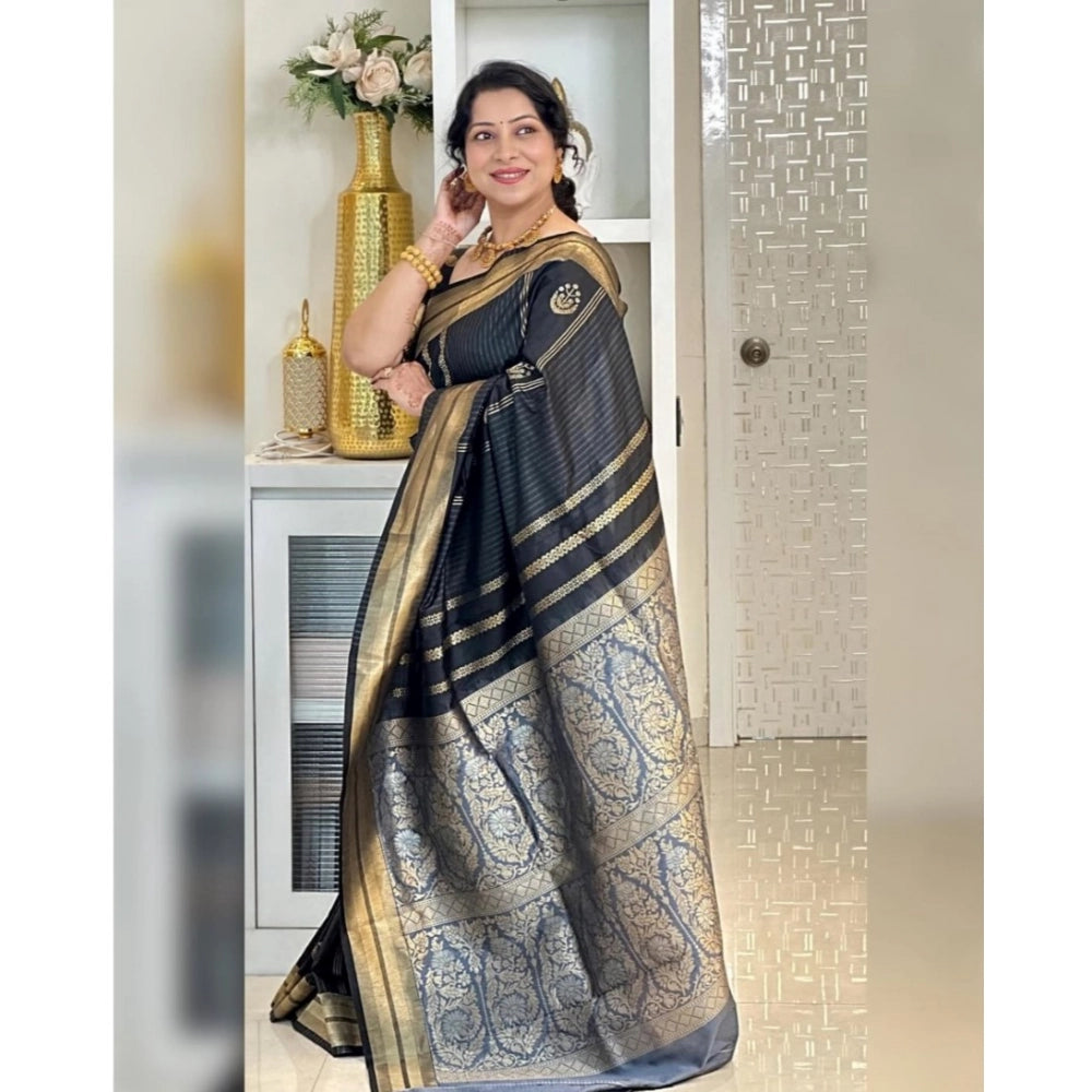 Women's Silk Printed Saree With Unstitched Blouse 5.5 Mtr (Black)
