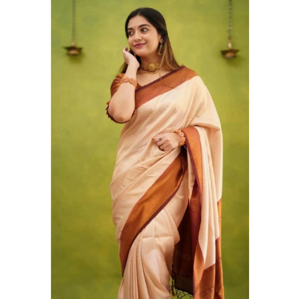 Women's Silk Printed Saree With Unstitched Blouse 5.5 Mtr (Cream)