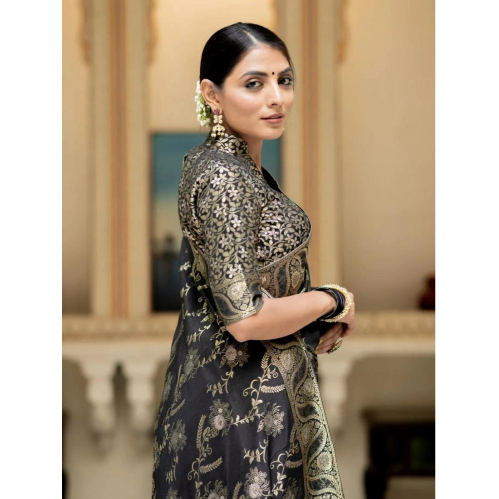 Women's Silk Printed Saree With Unstitched Blouse 5.5 Mtr (Black)