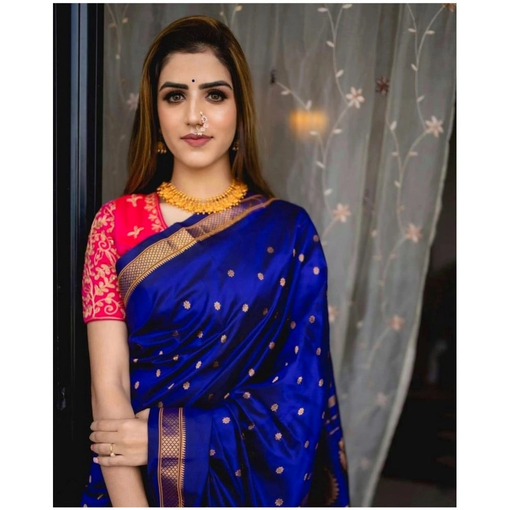 Women's Silk Printed Saree With Unstitched Blouse 5.5 Mtr (Blue)