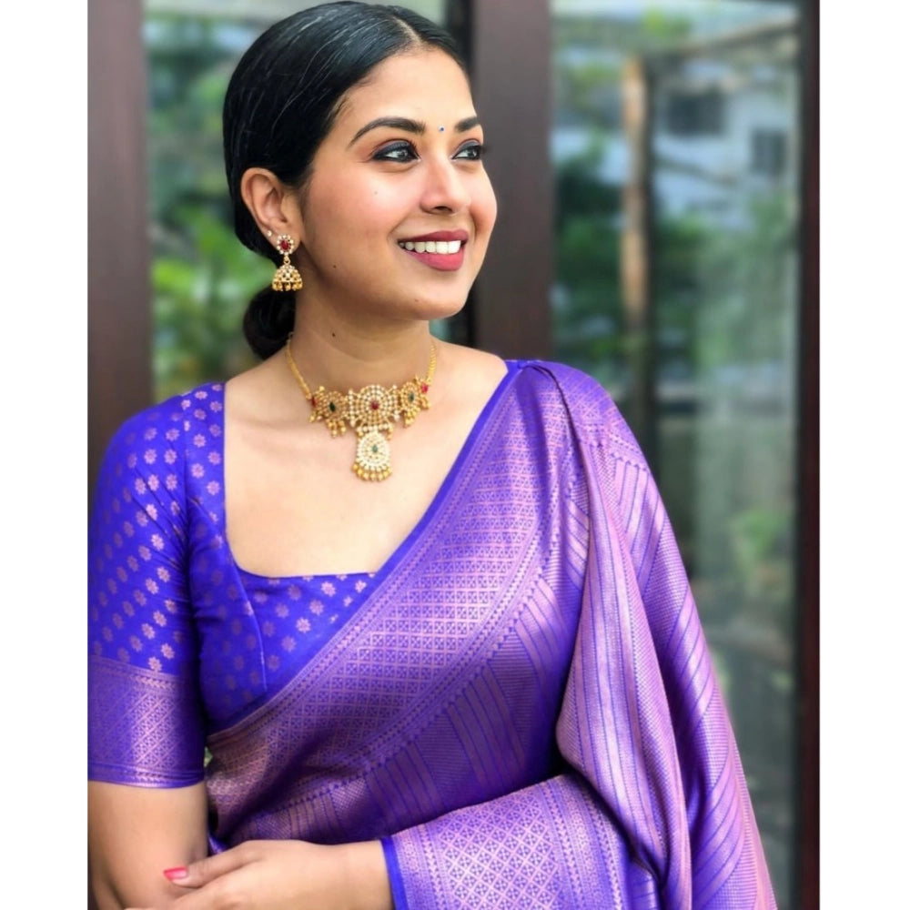 Women's Silk Printed Saree With Unstitched Blouse 5.5 Mtr (Blue)
