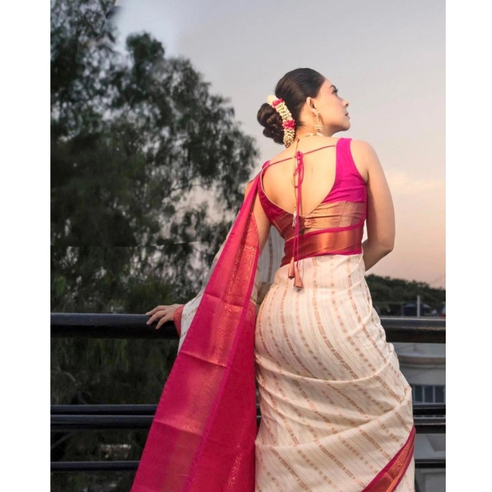 Women's Silk Printed Saree With Unstitched Blouse 5.5 Mtr (White-Pink)