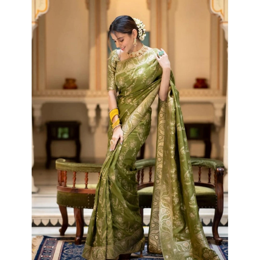 Women's Silk Printed Saree With Unstitched Blouse 5.5 Mtr (Olive Green)