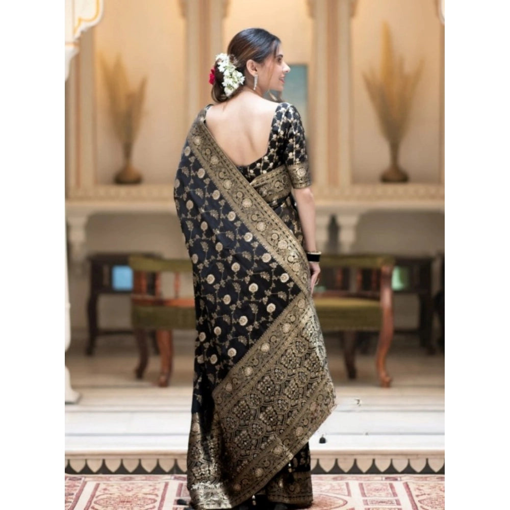 Women's Silk Printed Saree With Unstitched Blouse 5.5 Mtr (Black)