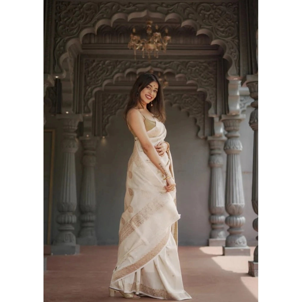 Women's Cotton Printed Saree With Unstitched Blouse 5.5 Mtr (Cream)