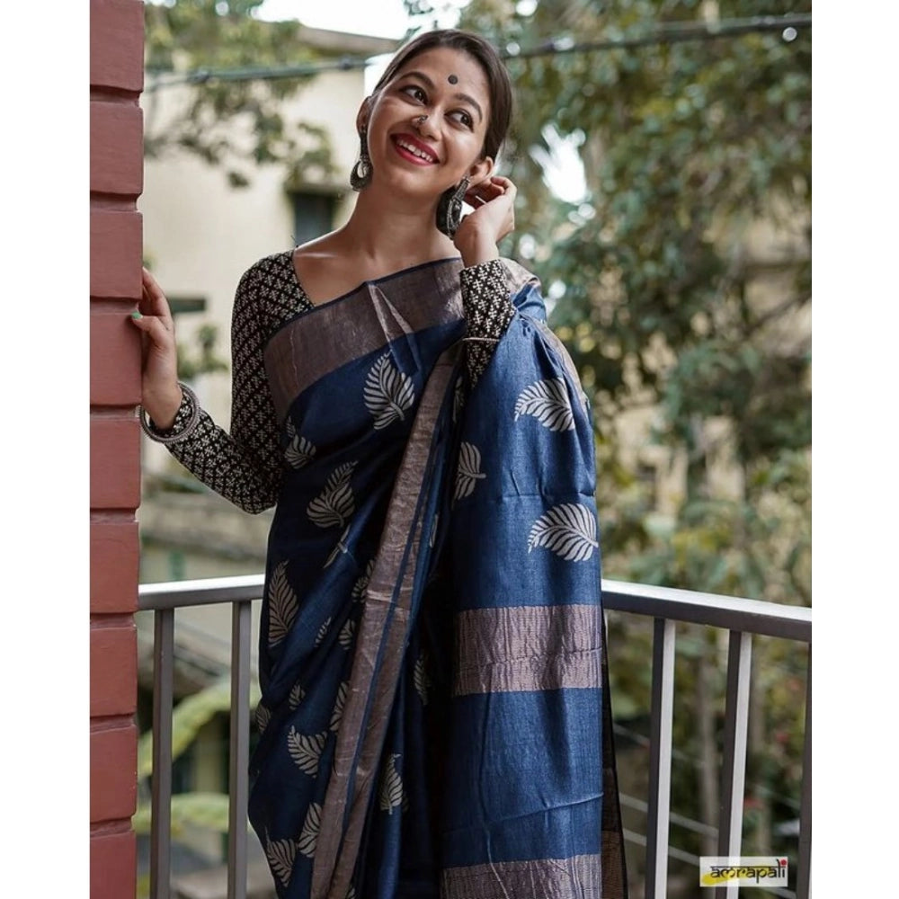 Women's Silk Printed Saree With Unstitched Blouse 5.5 Mtr (Navy Blue)