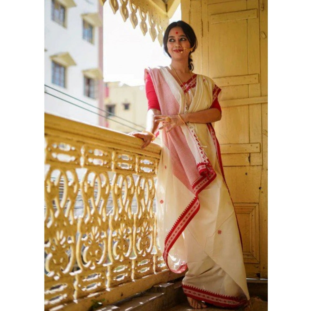 Women's Cotton Printed Saree With Unstitched Blouse 5.5 Mtr (White)