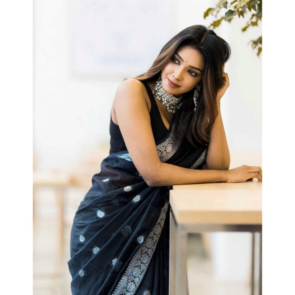 Women's Cotton Printed Saree With Unstitched Blouse 5.5 Mtr (Black)