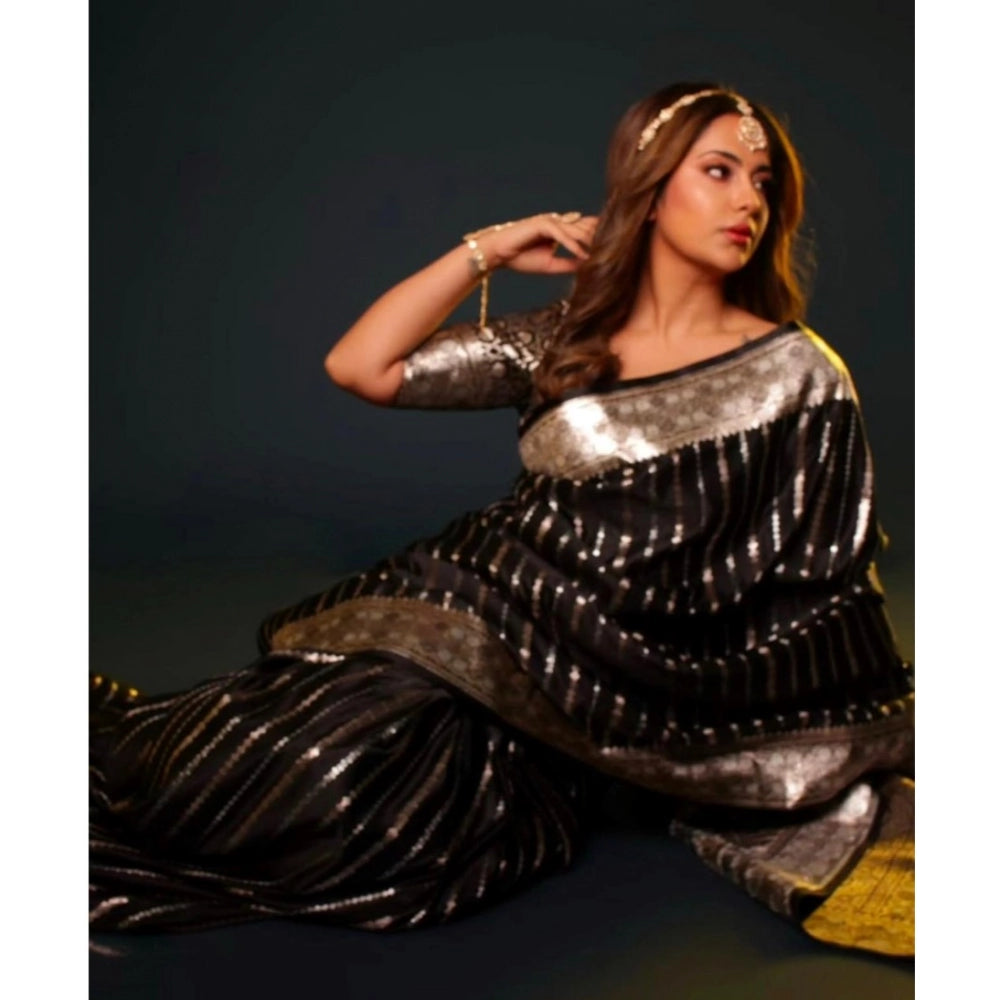 Women's Silk Printed Saree With Unstitched Blouse 5.5 Mtr (Black)