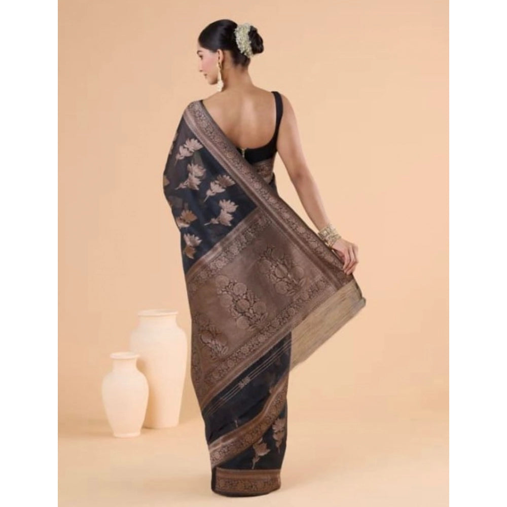 Women's Silk Printed Saree With Unstitched Blouse 5.5 Mtr (Black)