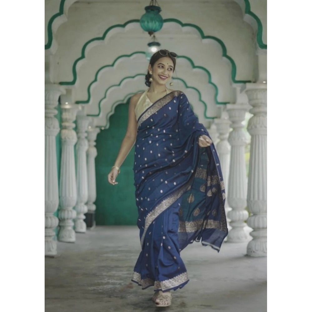 Women's Cotton Printed Saree With Unstitched Blouse 5.5 Mtr (Navy Blue)