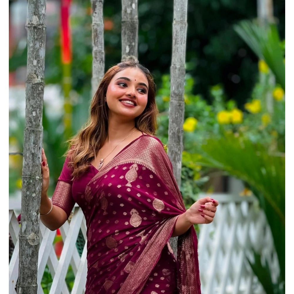 Women's Silk Printed Saree With Unstitched Blouse 5.5 Mtr (Wine)