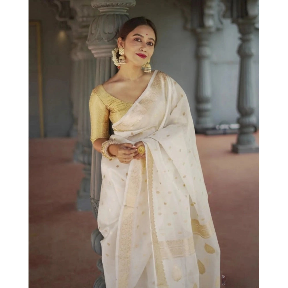 Women's Cotton Printed Saree With Unstitched Blouse 5.5 Mtr (White)
