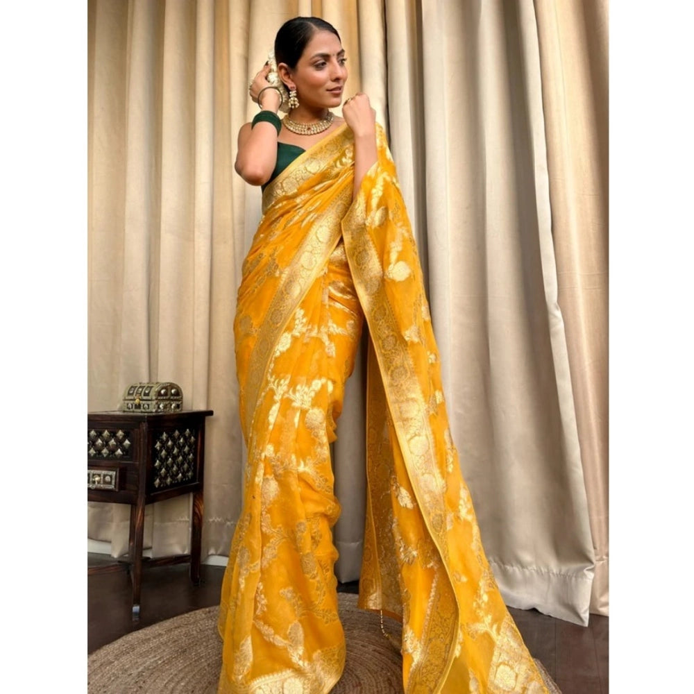 Women's Silk Printed Saree With Unstitched Blouse 5.5 Mtr (Gold Yellow)