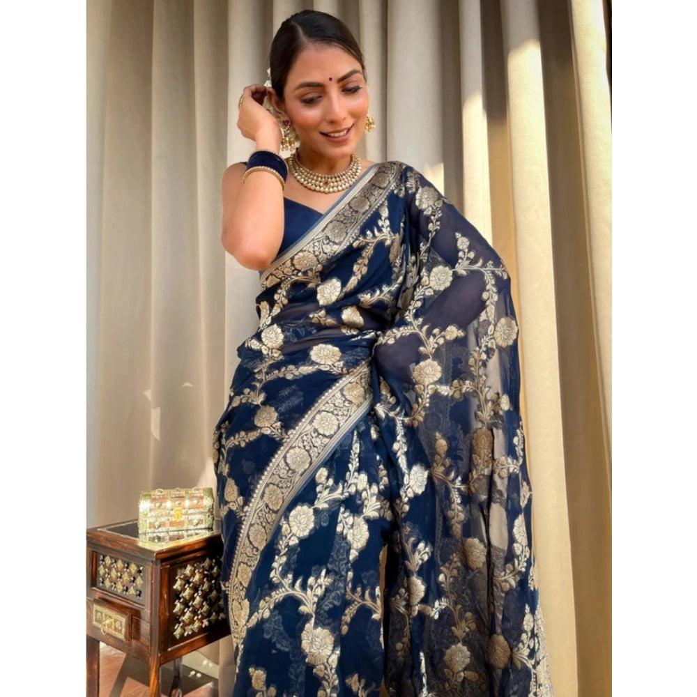 Women's Silk Printed Saree With Unstitched Blouse 5.5 Mtr (Dark Blue)