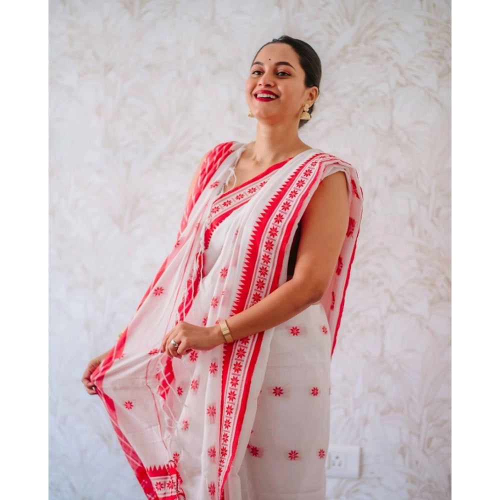 Women's Cotton Printed Saree With Unstitched Blouse 5.5 Mtr (White-Pink)