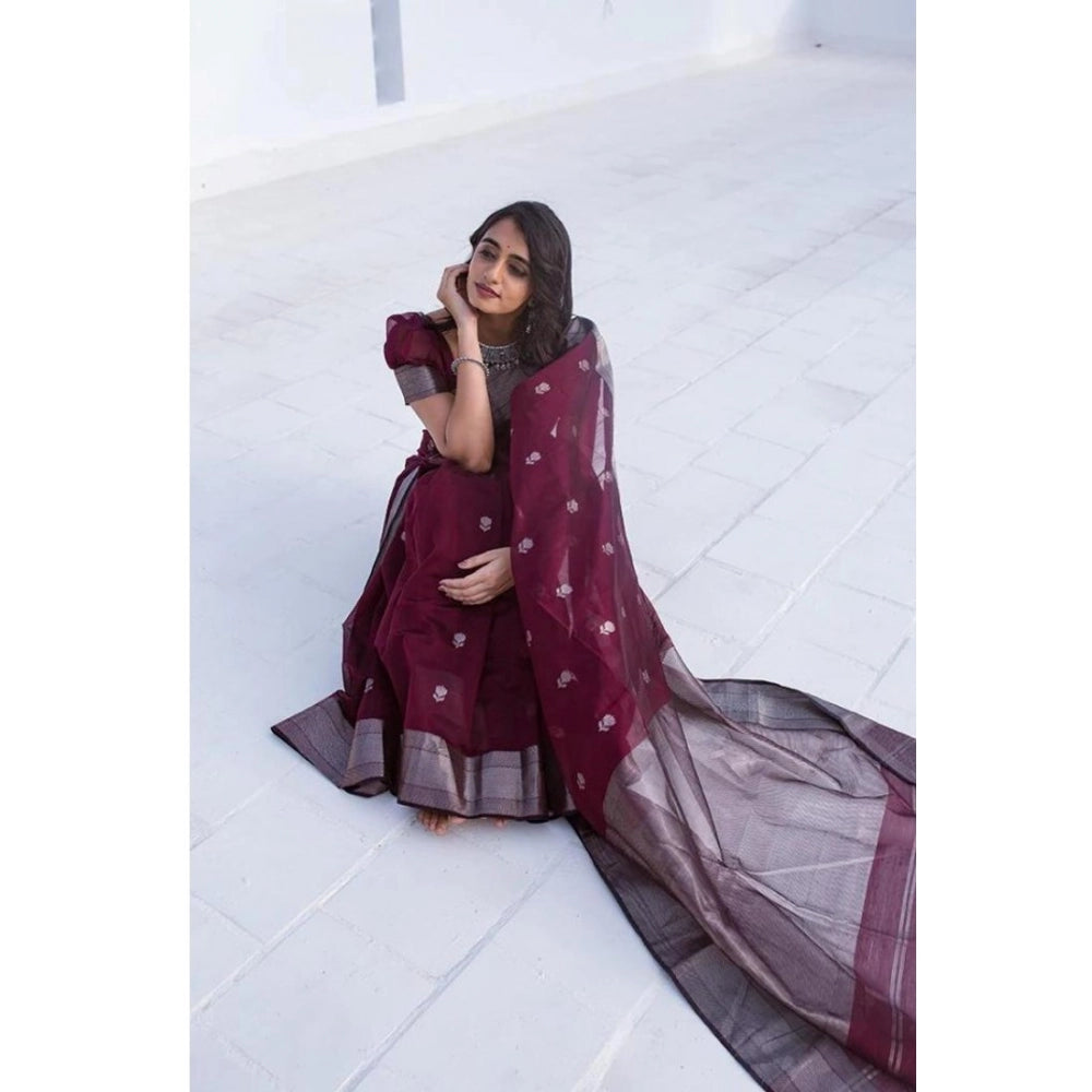 Women's Cotton Printed Saree With Unstitched Blouse 5.5 Mtr (Maroon)