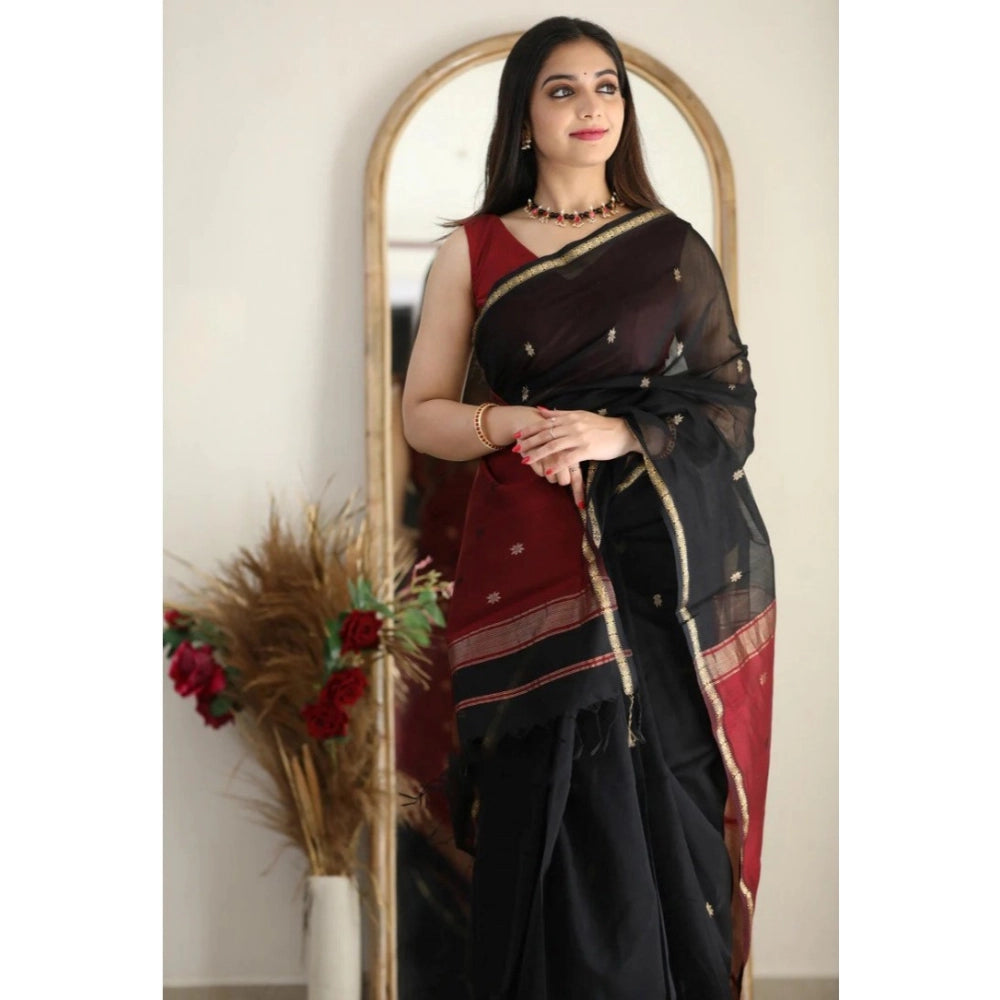 Women's Cotton Printed Saree With Unstitched Blouse 5.5 Mtr (Black)