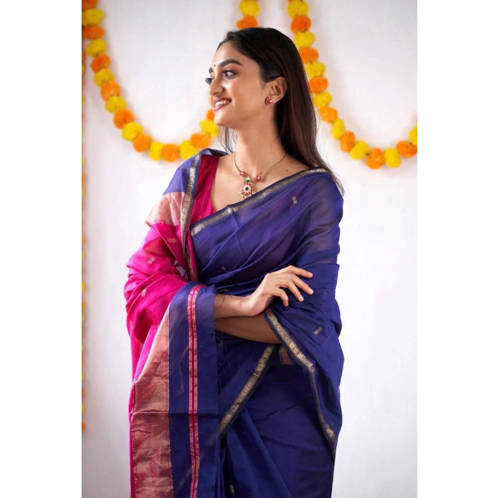 Women's Cotton Printed Saree With Unstitched Blouse 5.5 Mtr (Blue)