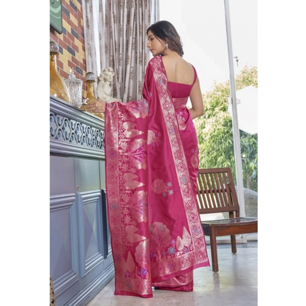 Women's Silk Printed Saree With Unstitched Blouse 5.5 Mtr (Rani Pink)