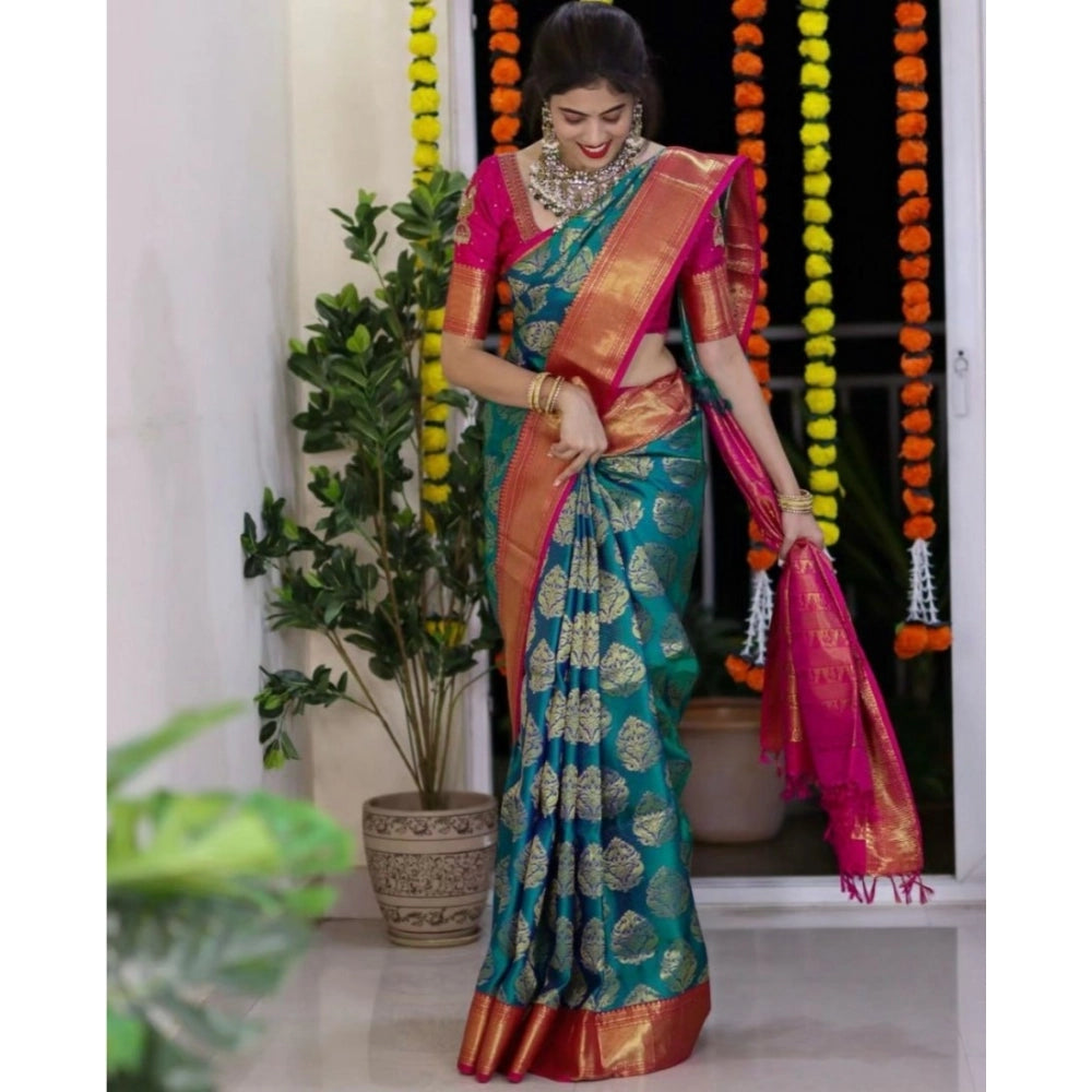 Women's Silk Printed Saree With Unstitched Blouse 5.5 Mtr (Teal Blue)