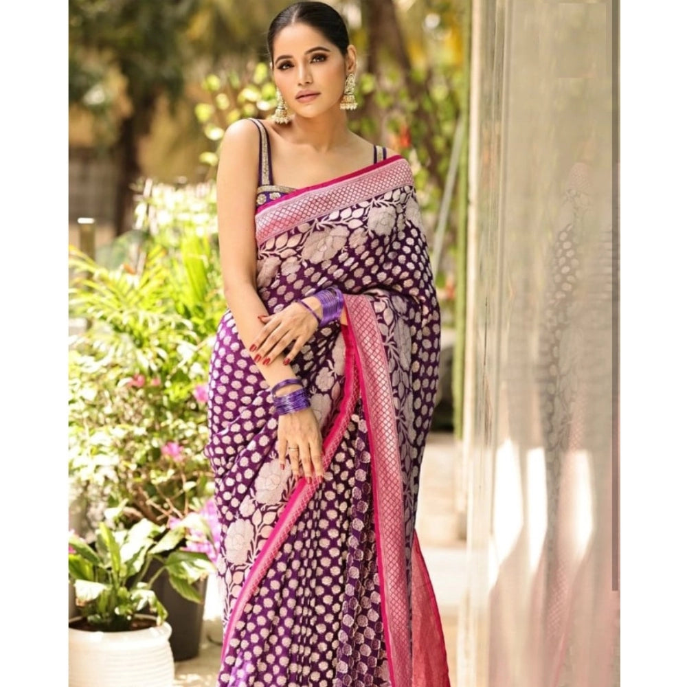Women's Silk Printed Saree With Unstitched Blouse 5.5 Mtr (Purple)