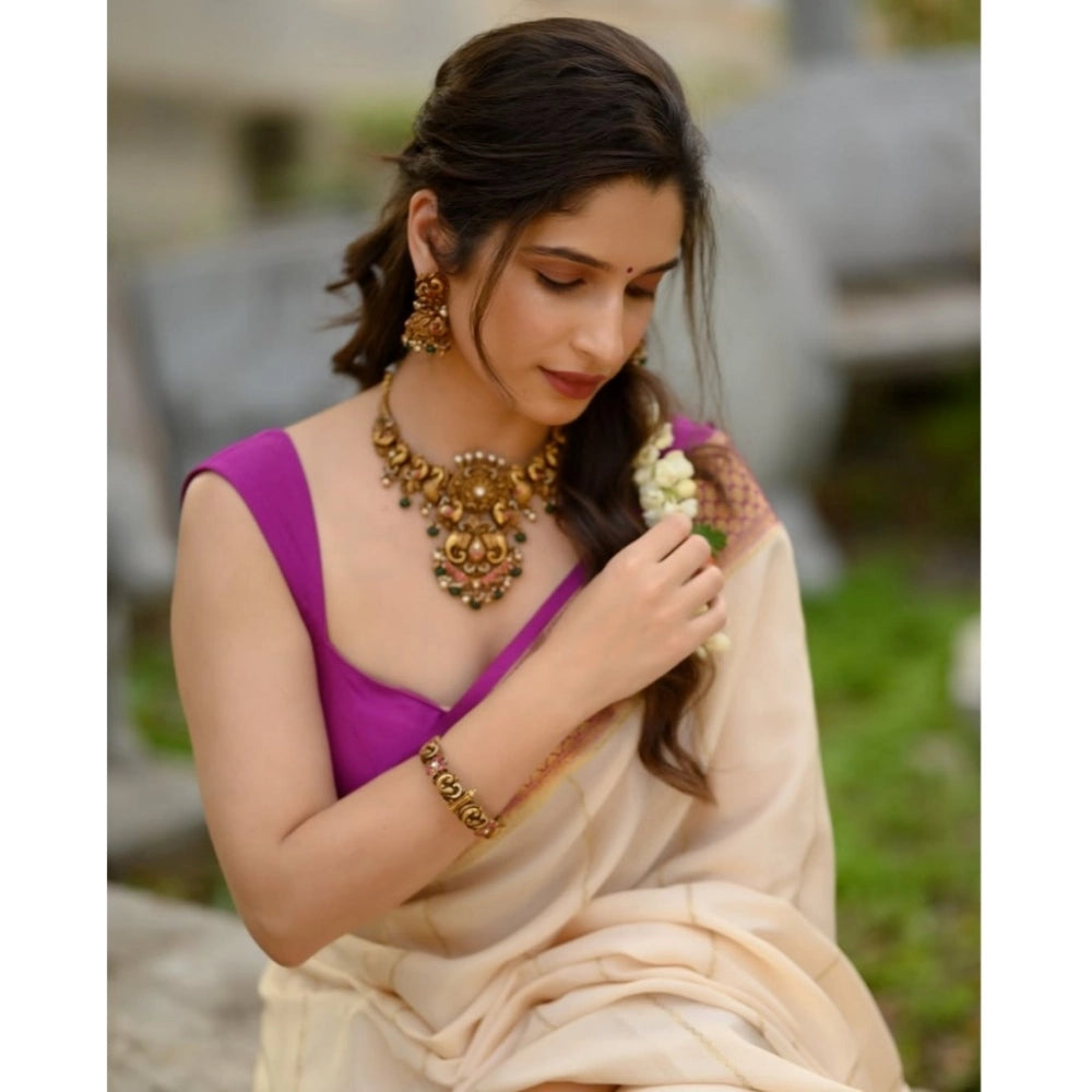 Women's Silk Printed Saree With Unstitched Blouse 5.5 Mtr (Off White-Pink)