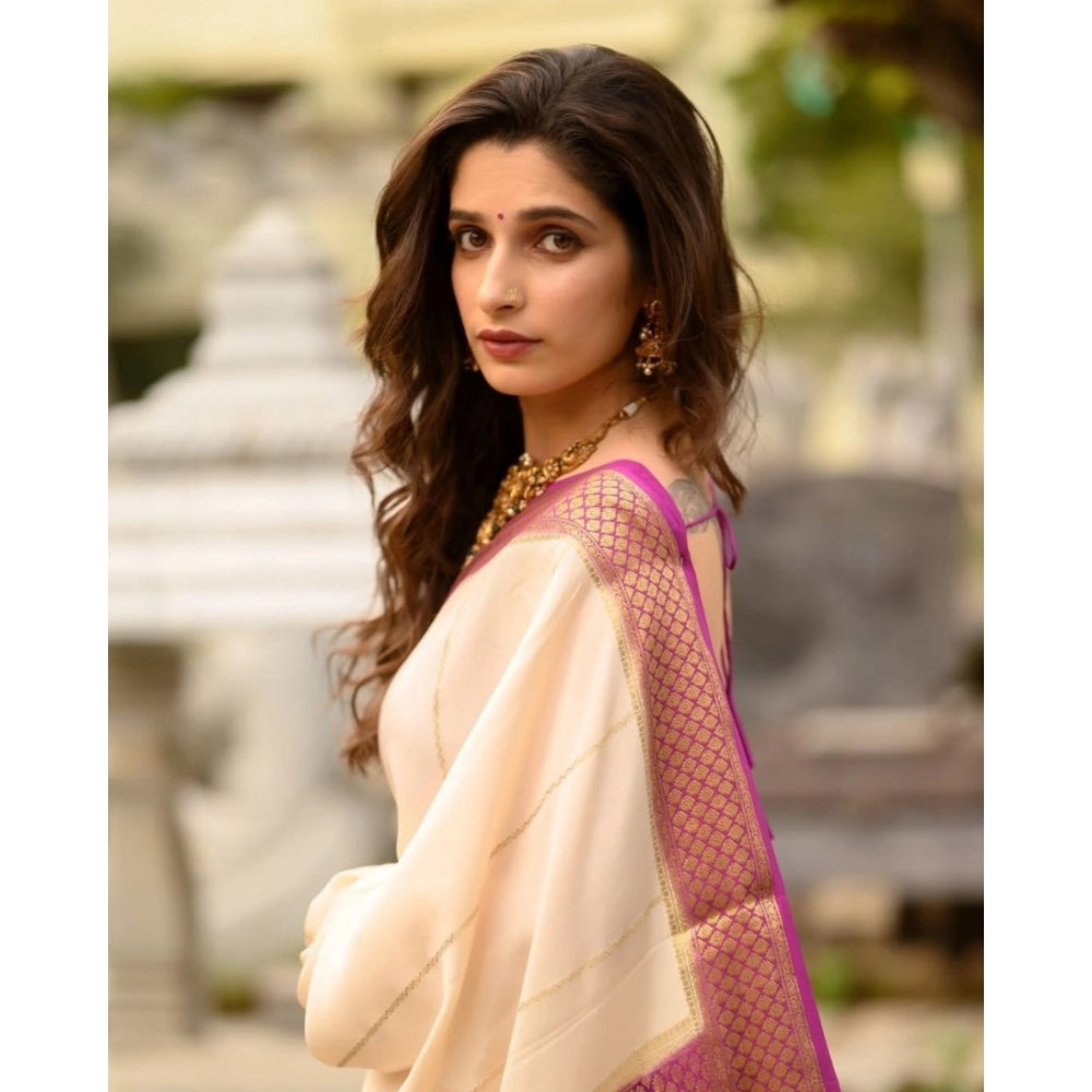 Women's Silk Printed Saree With Unstitched Blouse 5.5 Mtr (Off White-Pink)