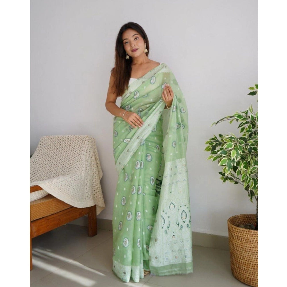 Women's Cotton Printed Saree With Unstitched Blouse 5.5 Mtr (Pista)