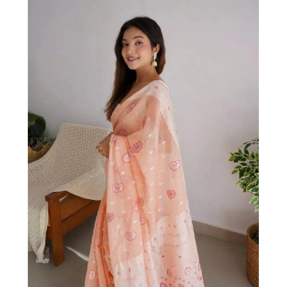 Women's Cotton Printed Saree With Unstitched Blouse 5.5 Mtr (Peach)
