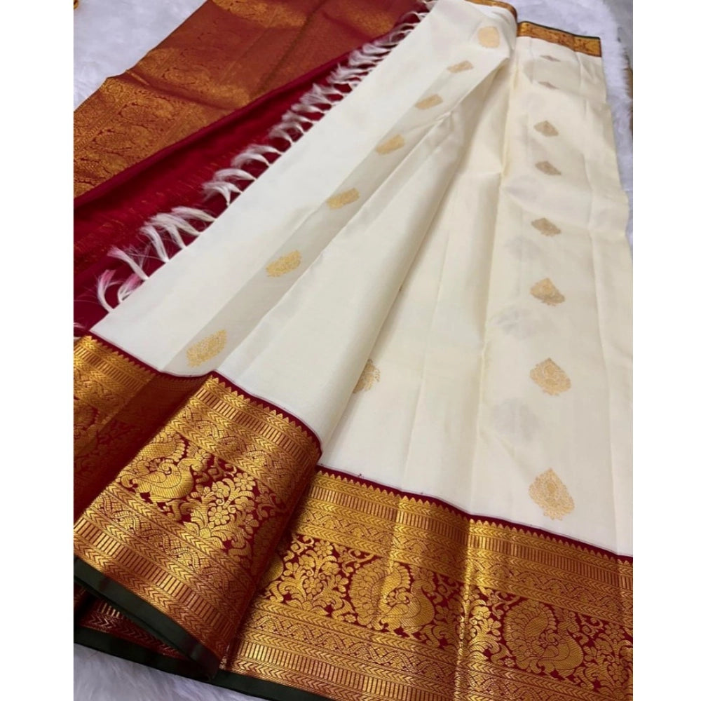 Women's Silk Printed Saree With Unstitched Blouse 5.5 Mtr (Off White-Red)
