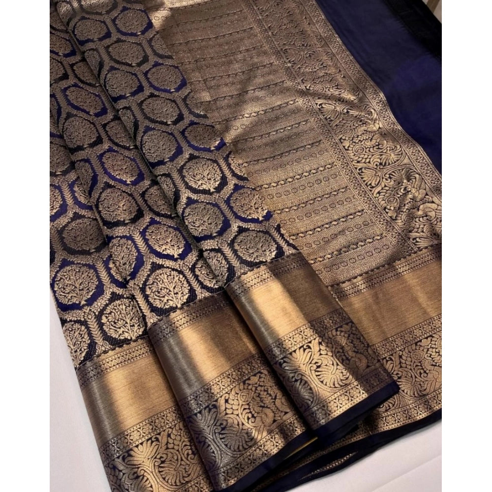 Women's Silk Printed Saree With Unstitched Blouse 5.5 Mtr (Navy Blue)