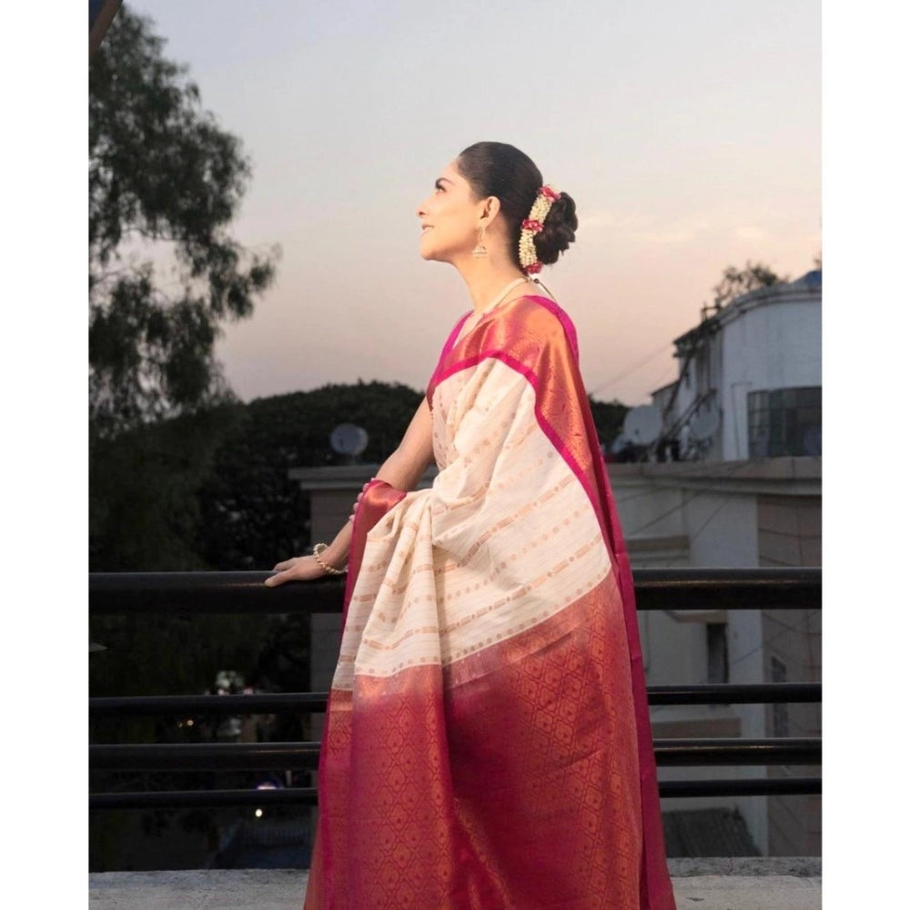 Women's Silk Printed Saree With Unstitched Blouse 5.5 Mtr (White-Pink)
